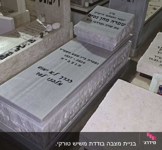 מצבות עם כיתוב בעברית ואבנים קטנות מונחות עליהן